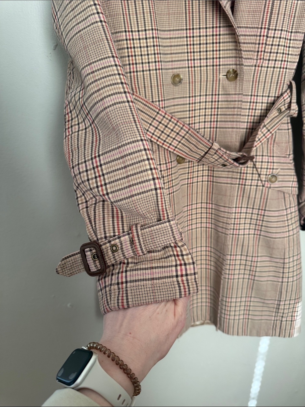 Express Design Studio Plaid Double-Breasted Trench Coat - Pink/Tan small - Picture 4 of 11
